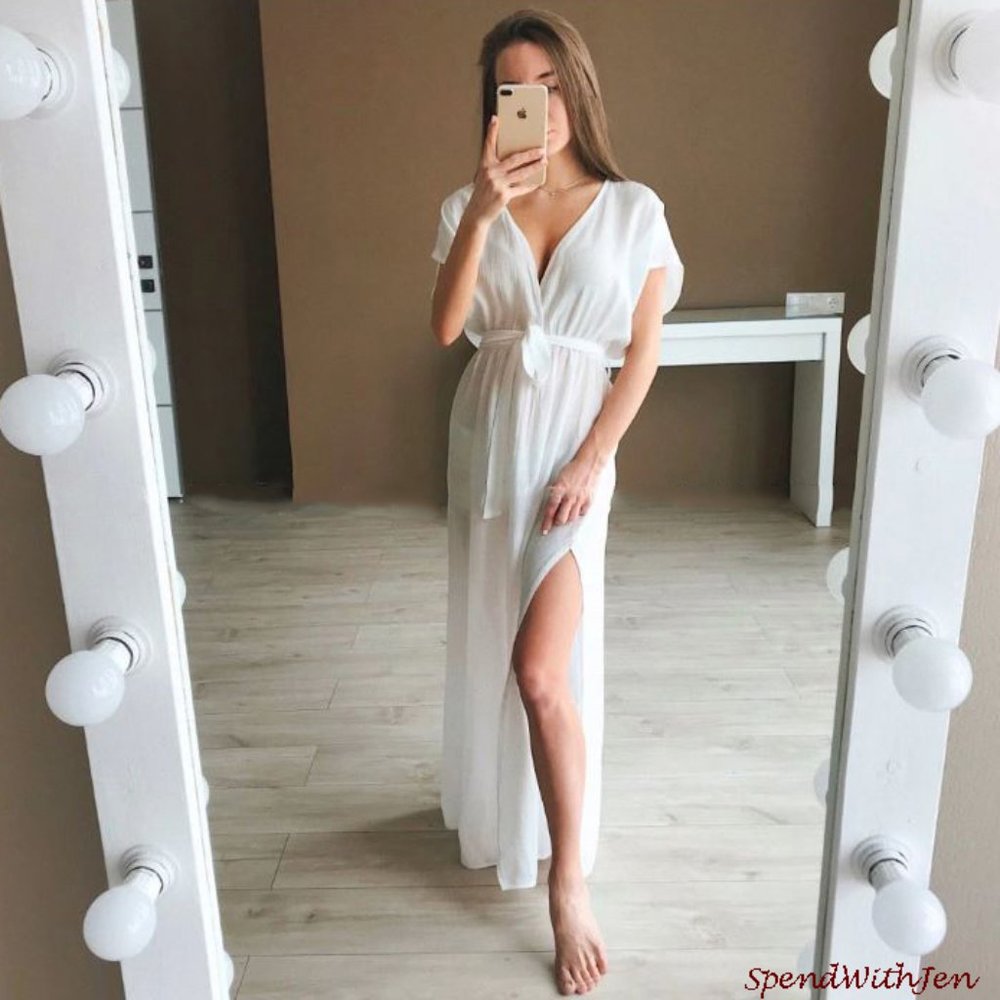 Flowy Boho Front Slit White Beach Swim Coverup - Picture 2 of 7